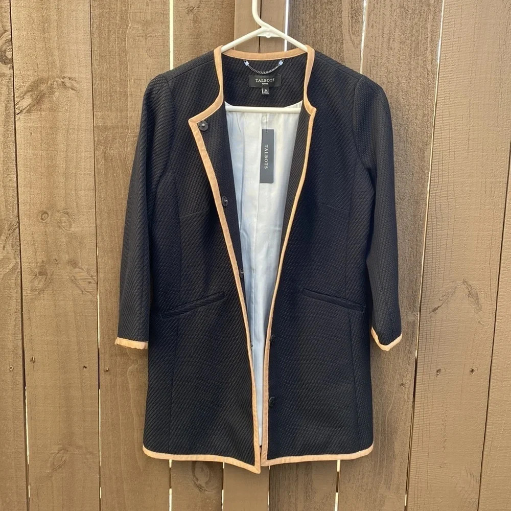 Talbots textured button front jacket in black with tan trim